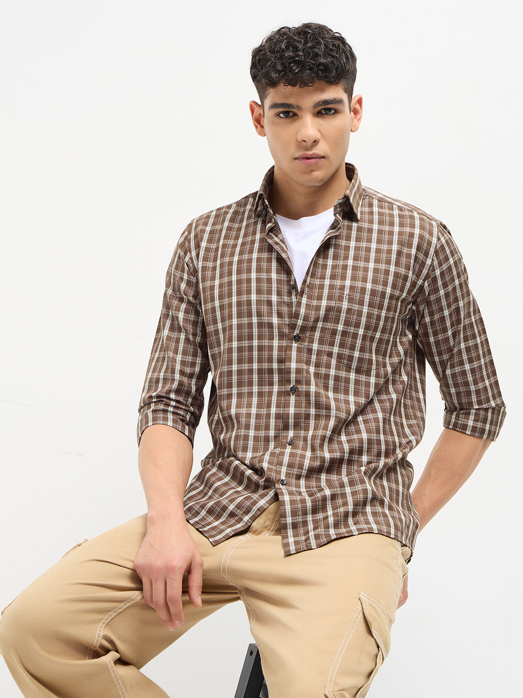 Brick Brown Checked Casual Shirt