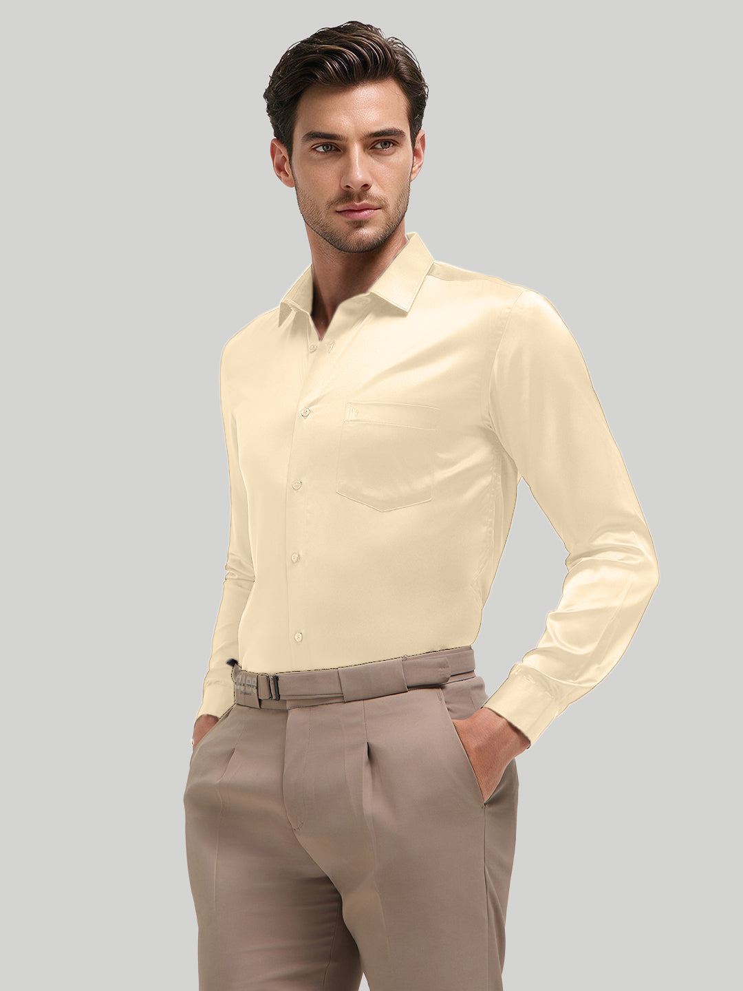 Butter Cream Plain Satin Formal Shirt