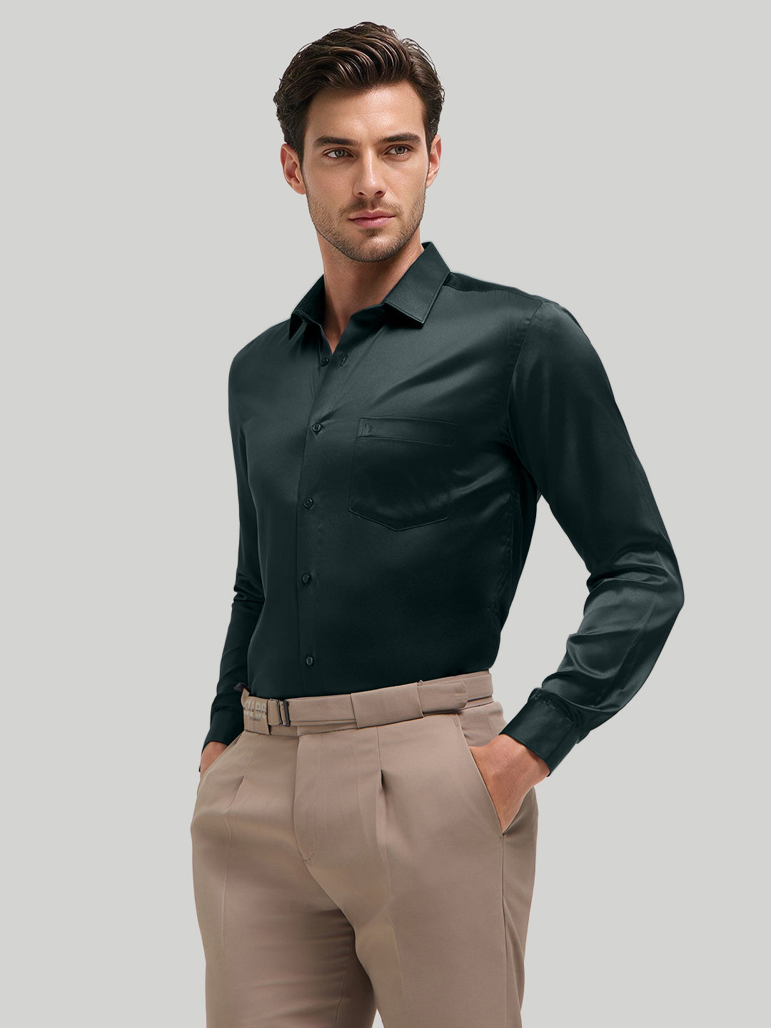 Emerald Tide Plain Satin Formal Shirt