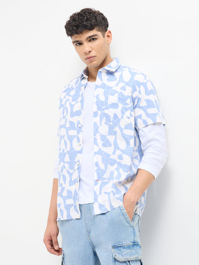 Muted Blue and White Printed Casual Shirt