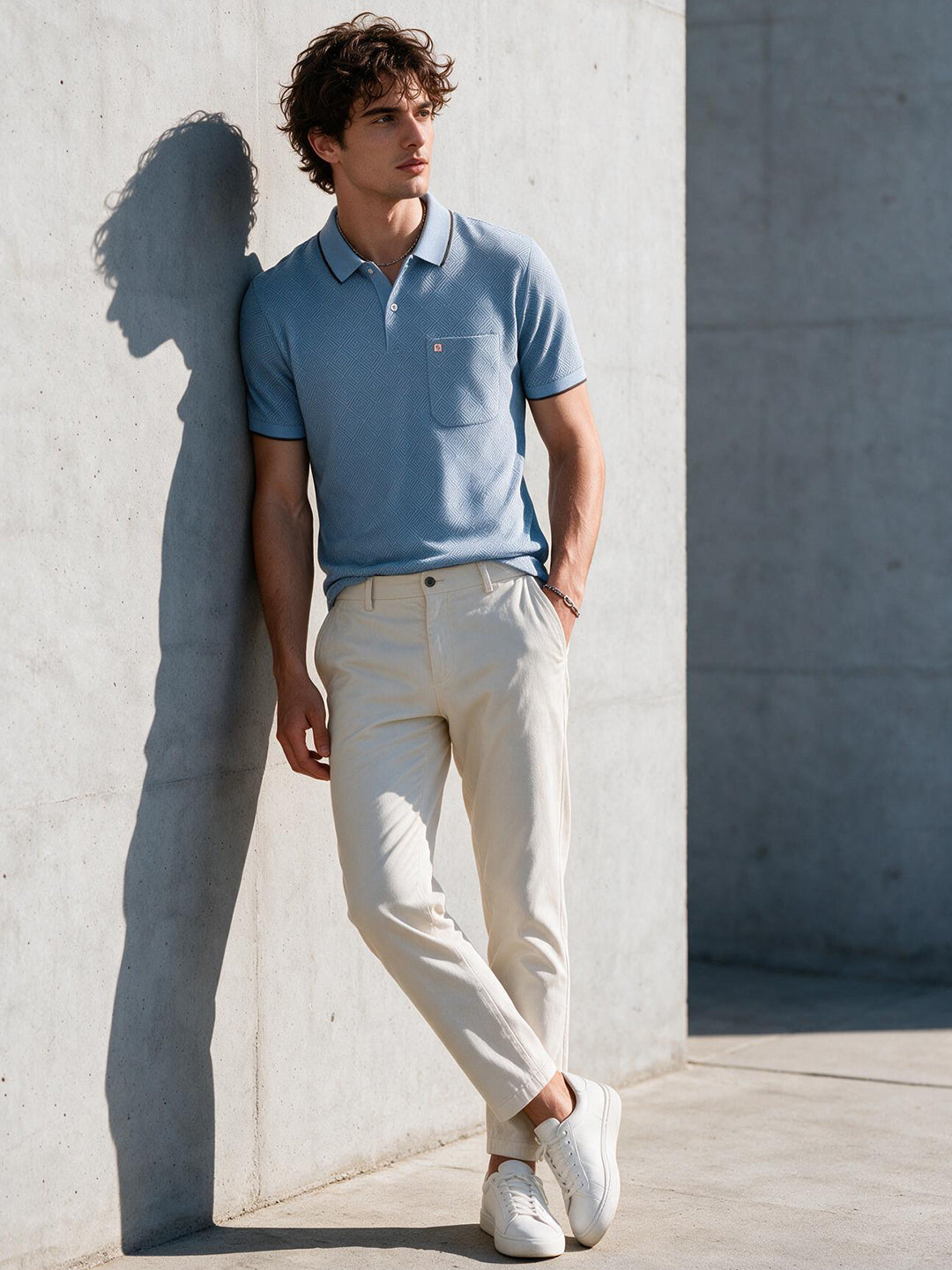 Steel Grey Blue Geometric Printed Polo T Shirt