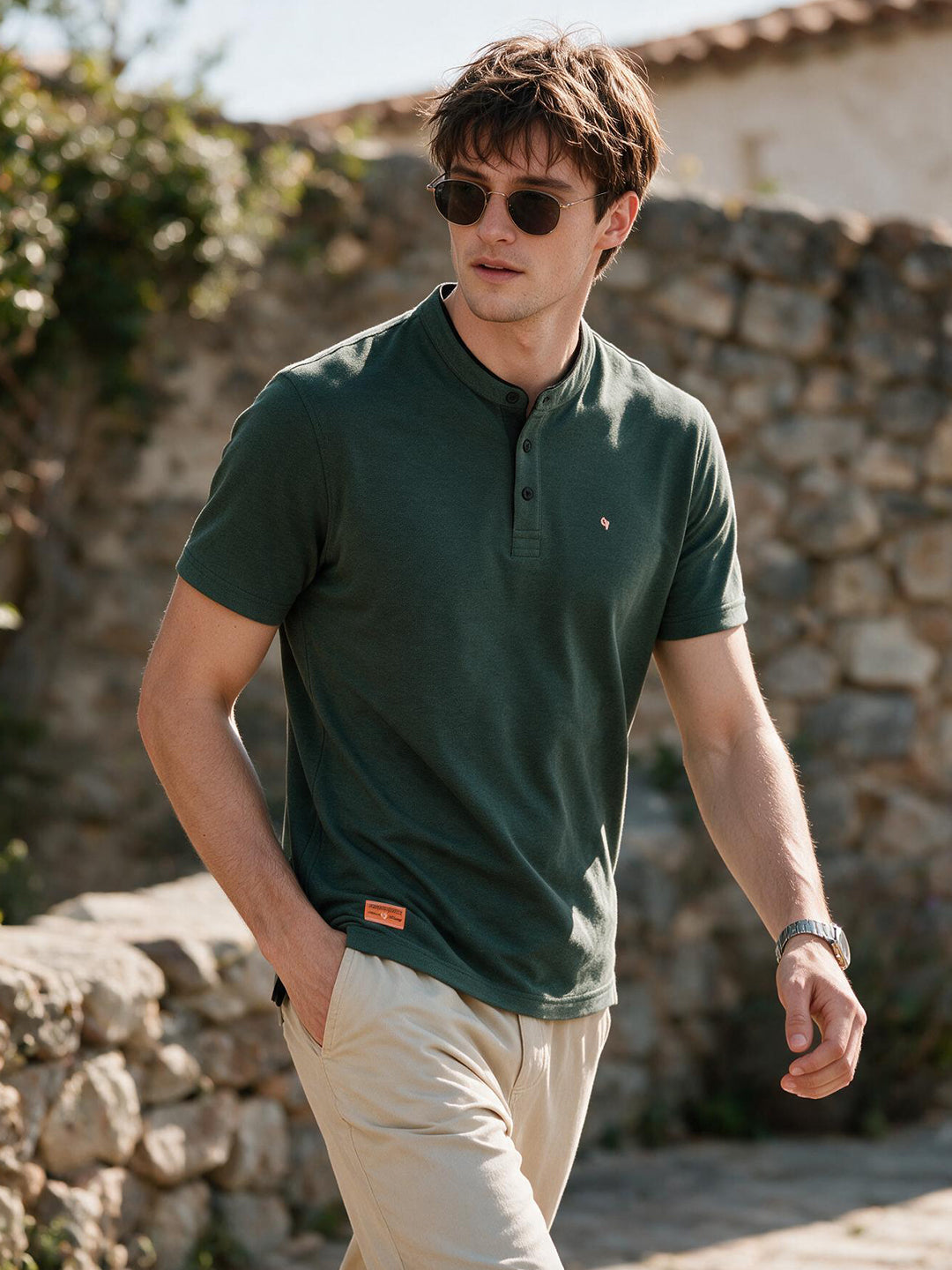 Slate Olive Textured Mandarin T Shirt