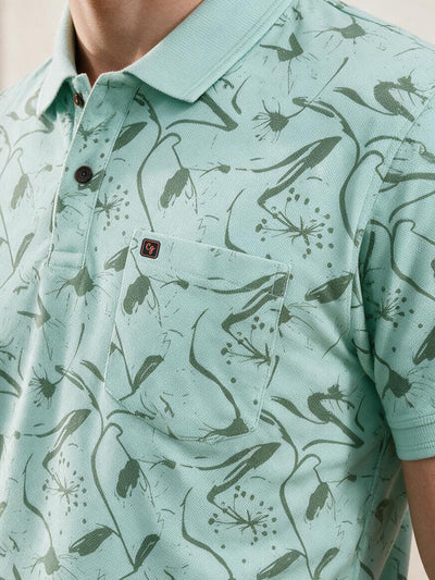 Mint Green Botanical Floral Printed Polo T Shirt