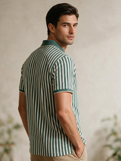 Teal Green and Ivory Stripes Polo T Shirt