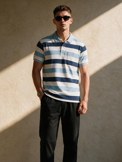 Aqua Blue and Stripes Polo T Shirt