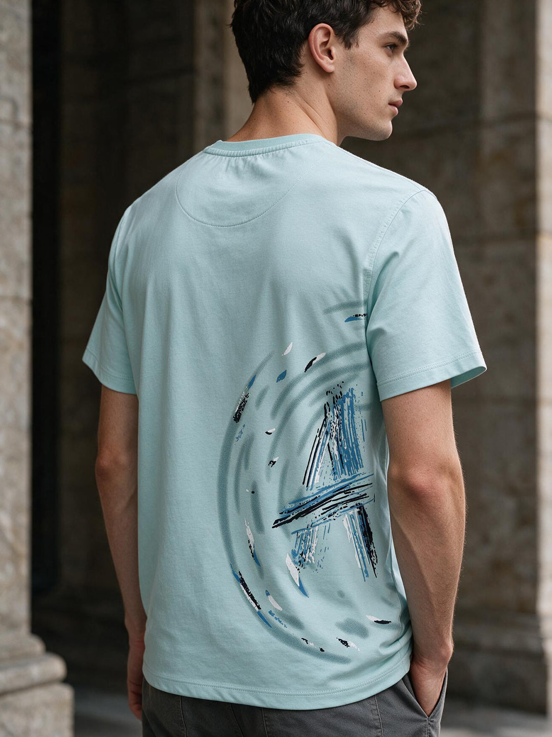 Ice Mint Blue Printed Crew Neck T Shirt