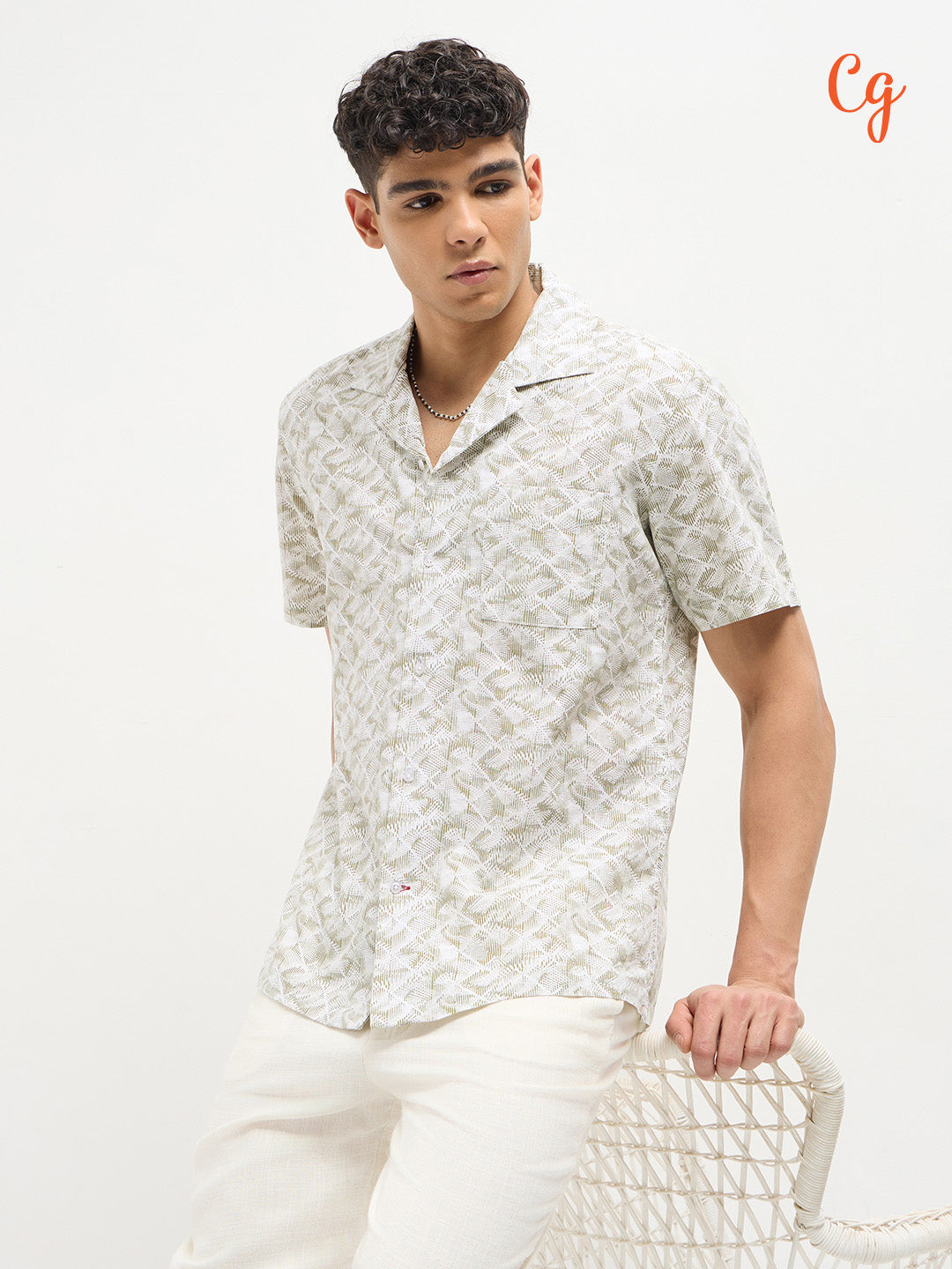 Light Beige Geometirc Printed Casual Shirt