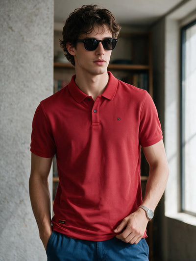 Brick Maroon Textured Polo T Shirt