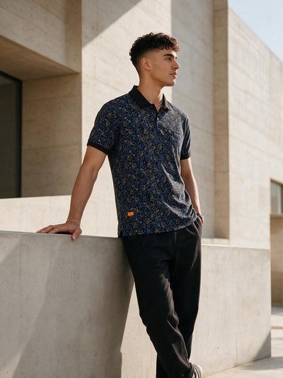 Black with Ink Blue Printed Polo T Shirt