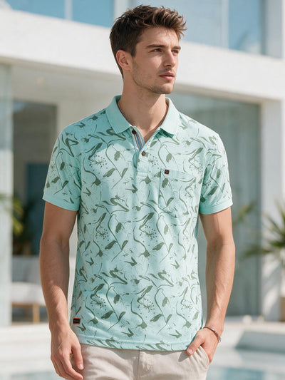 Mint Green Botanical Floral Printed Polo T Shirt