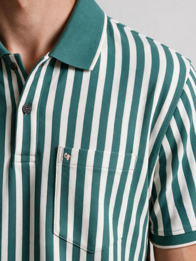 Teal Green and Ivory Stripes Polo T Shirt