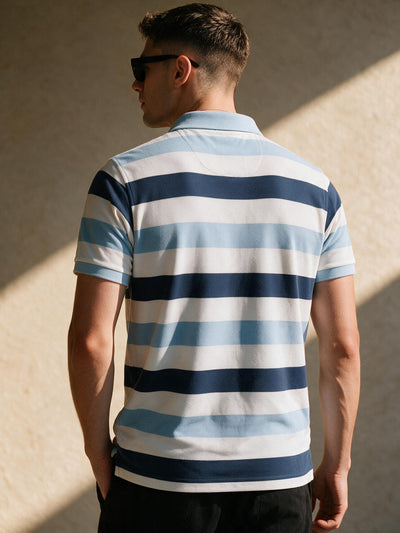 Aqua Blue and Stripes Polo T Shirt