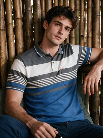 Steel Blue and Charcoal Stripes Polo T Shirt