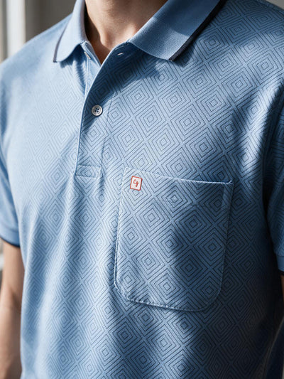 Steel Grey Blue Geometric Printed Polo T Shirt