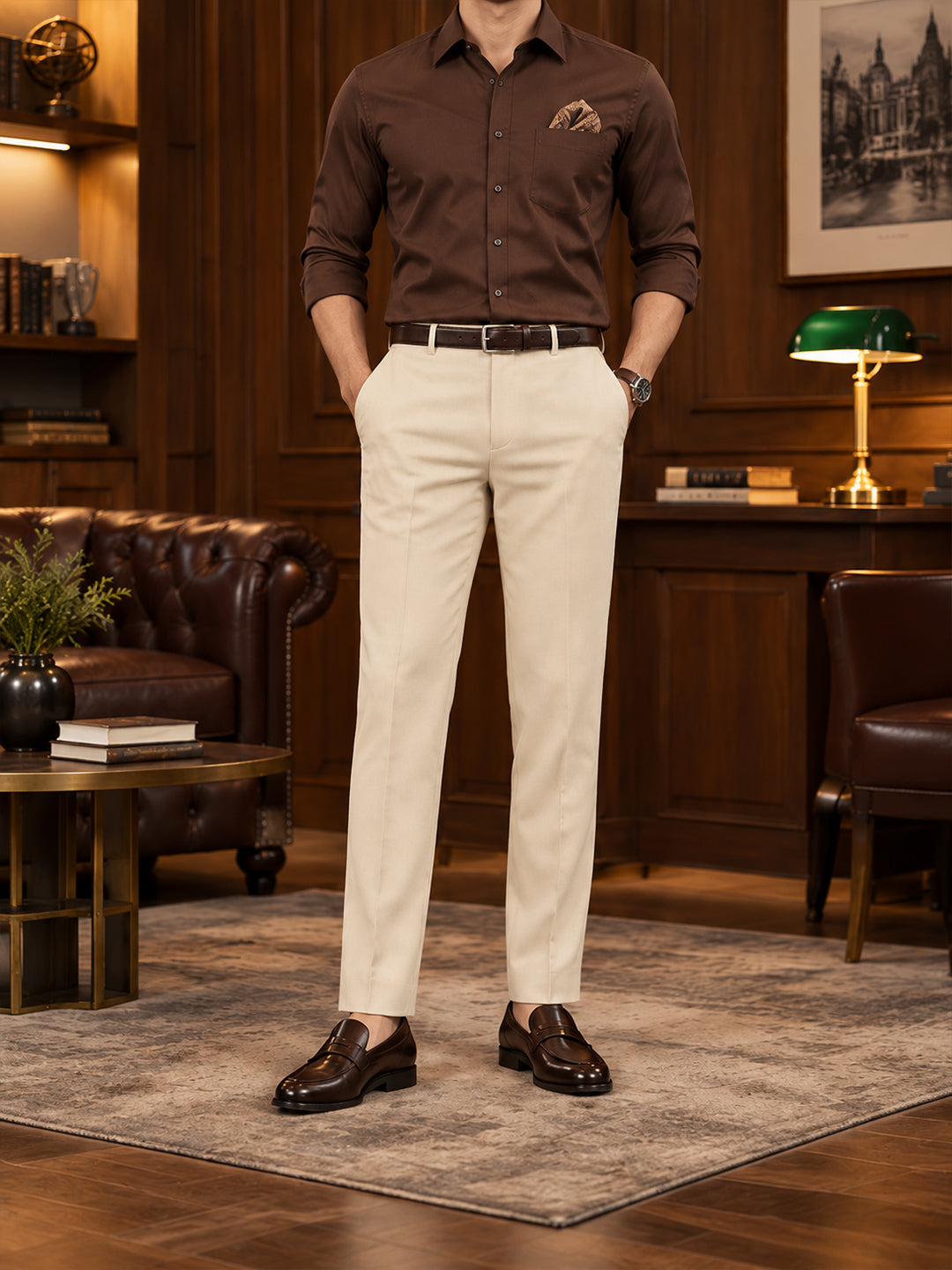 Light Beige Solid Formal Trousers