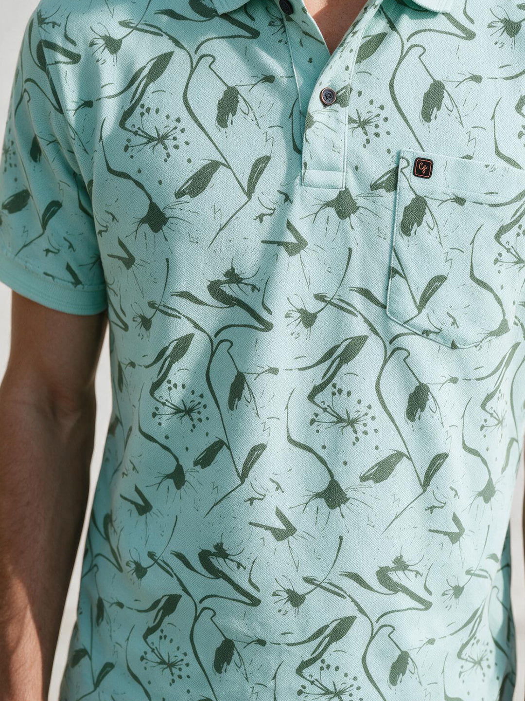 Mint Green Botanical Floral Printed Polo T Shirt