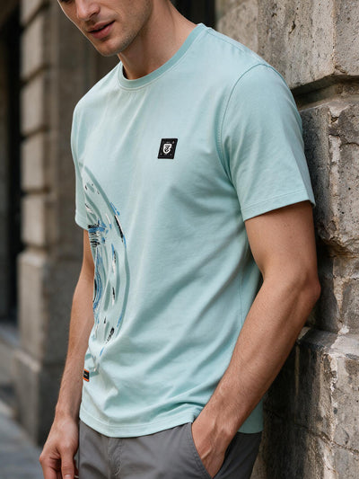 Ice Mint Blue Printed Crew Neck T Shirt
