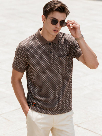 Coffee Brown Textured Printed Polo T Shirt