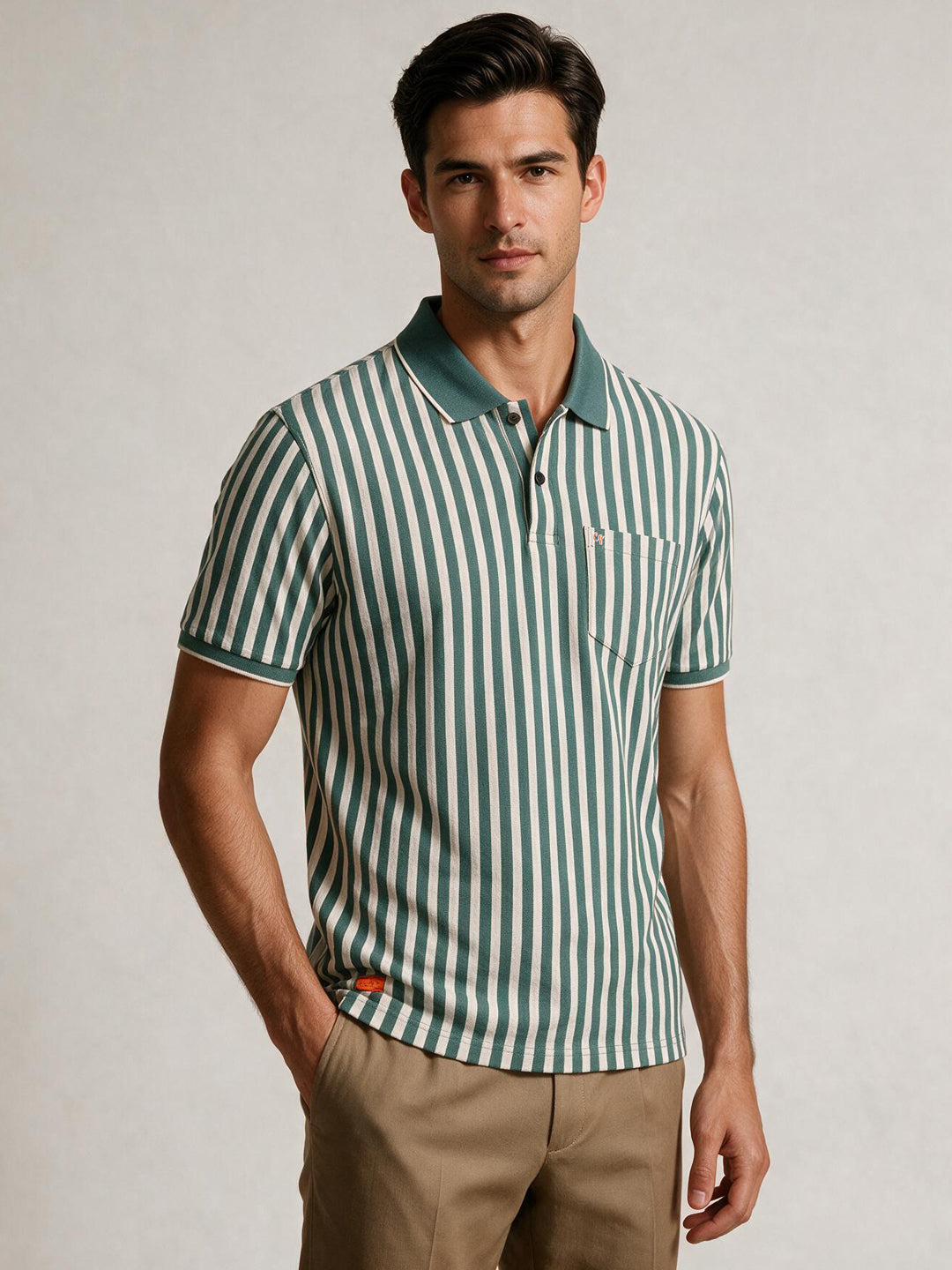 Teal Green and Ivory Stripes Polo T Shirt