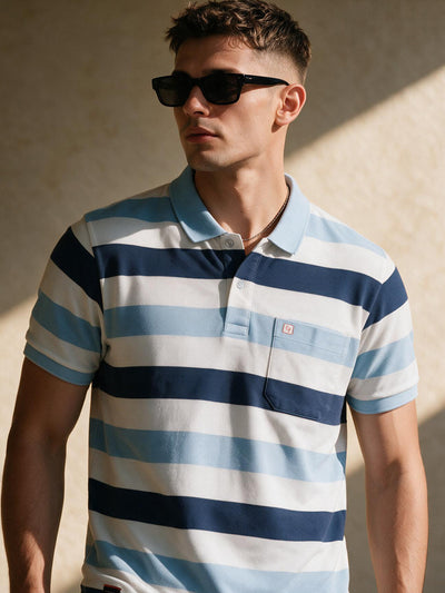 Aqua Blue and Stripes Polo T Shirt
