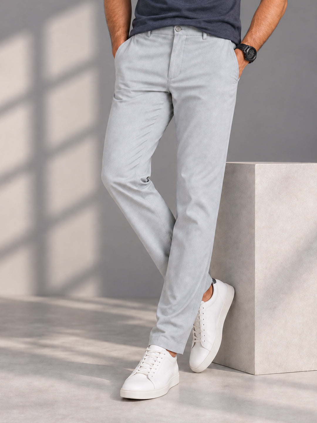 Light Grey Solid Casual Trousers