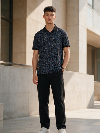 Black with Ink Blue Printed Polo T Shirt