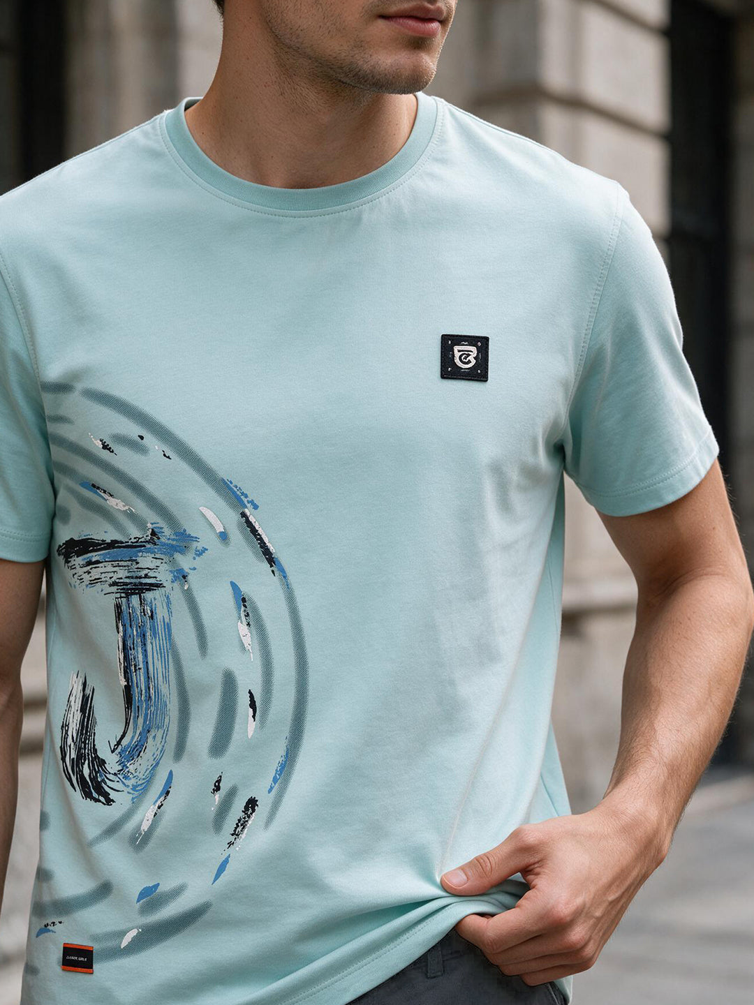 Ice Mint Blue Printed Crew Neck T Shirt