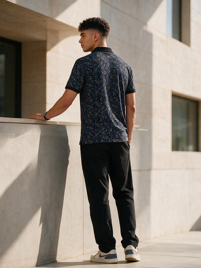 Black with Ink Blue Printed Polo T Shirt
