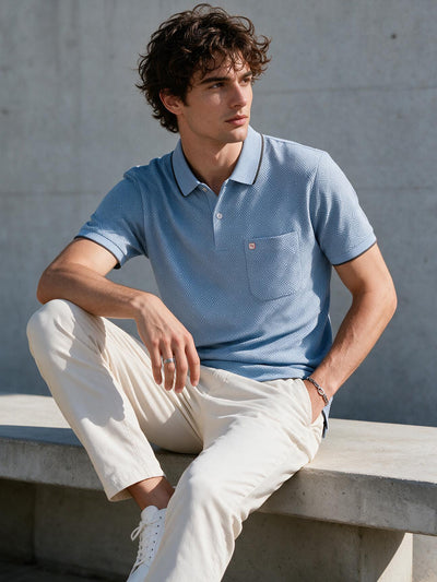 Steel Grey Blue Geometric Printed Polo T Shirt