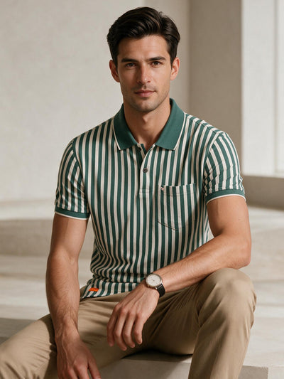 Teal Green and Ivory Stripes Polo T Shirt