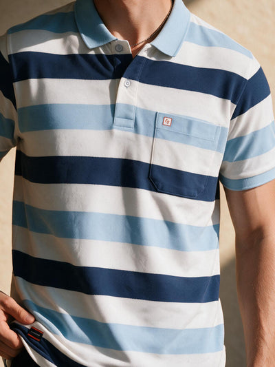 Aqua Blue and Stripes Polo T Shirt
