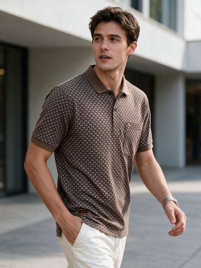 Coffee Brown Textured Printed Polo T Shirt
