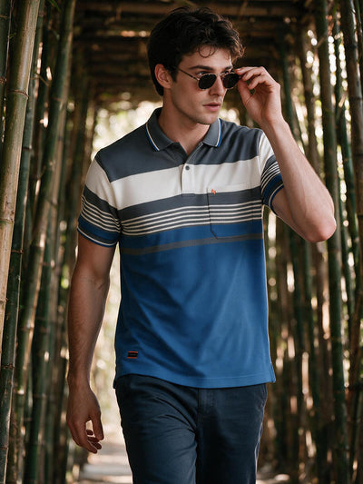 Steel Blue and Charcoal Stripes Polo T Shirt
