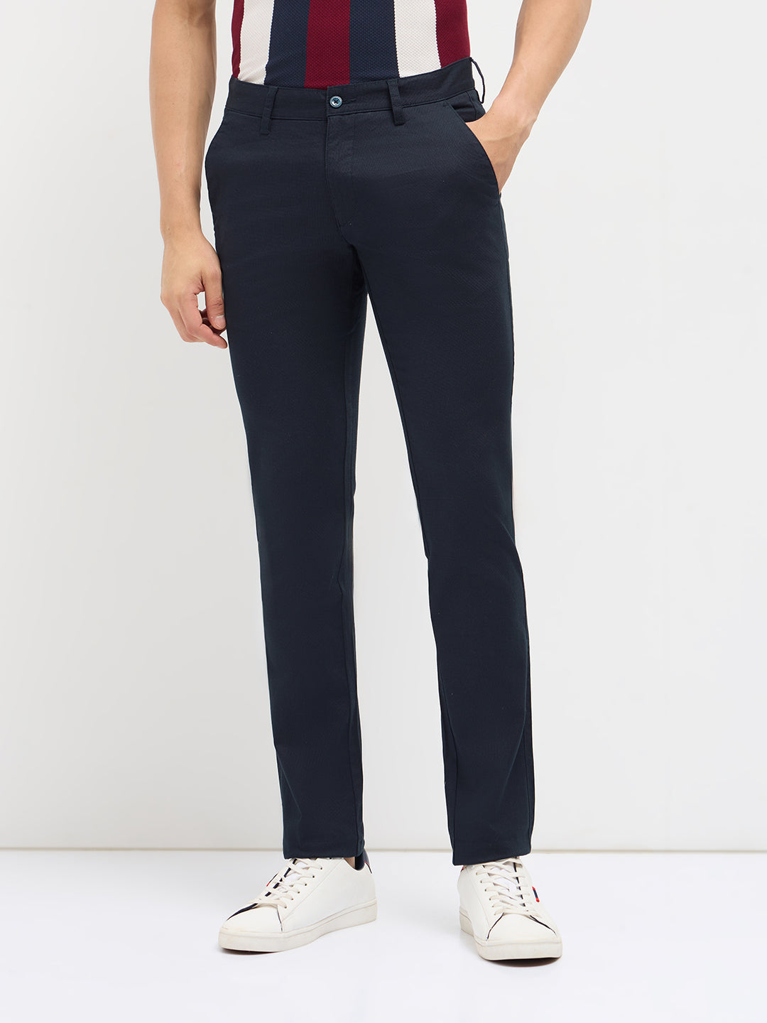 Navy Blue Solid Casual Trousers
