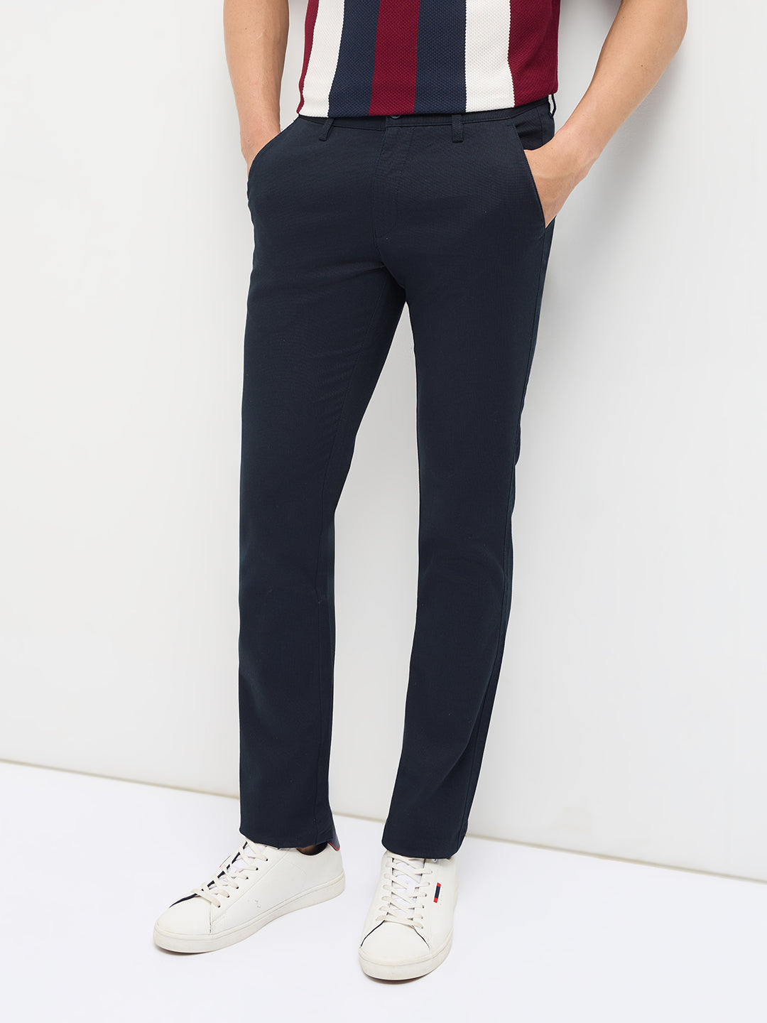 Navy Blue Solid Casual Trousers