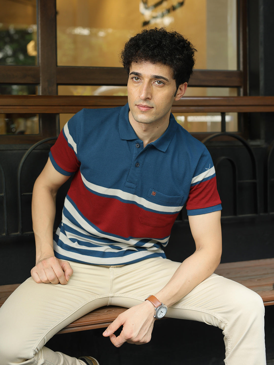 Ocean Blue and Maroon Horizontal Stripes Polo T Shirt