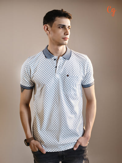 Navy Blue Textured Printed  Polo T Shirt