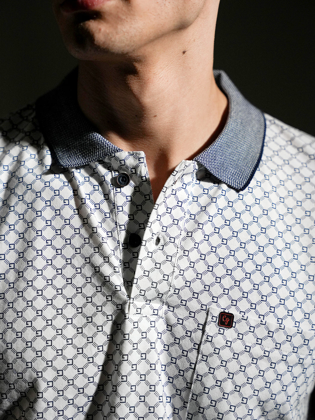 Navy Blue Textured Printed  Polo T Shirt