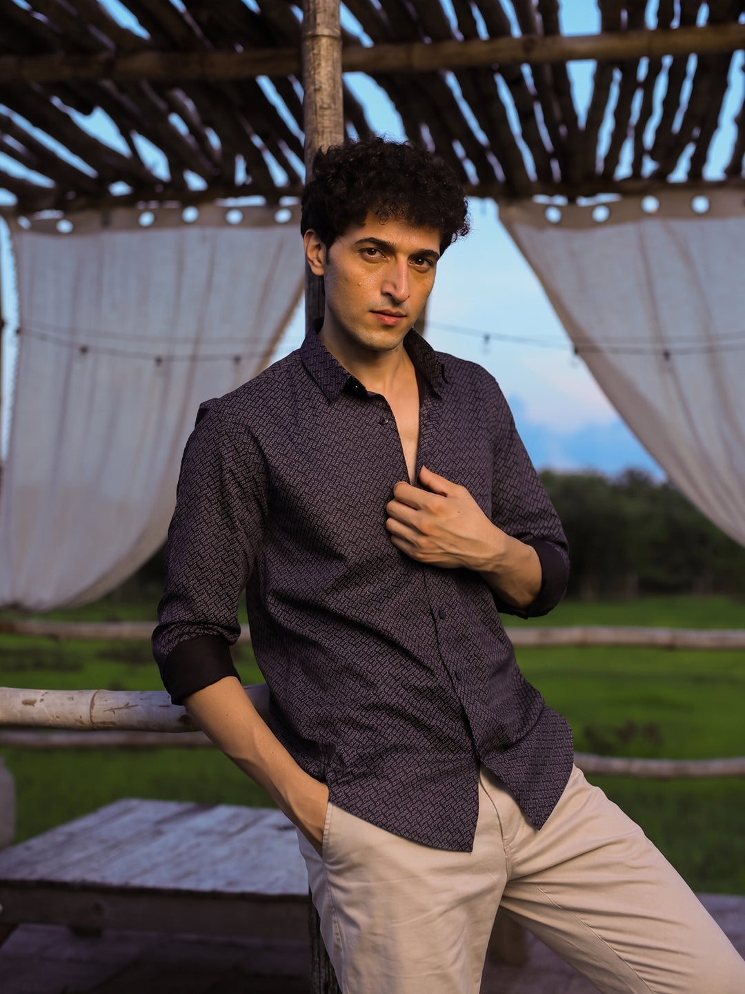 Steel Grey Weave Geometric Printed Casual Shirt