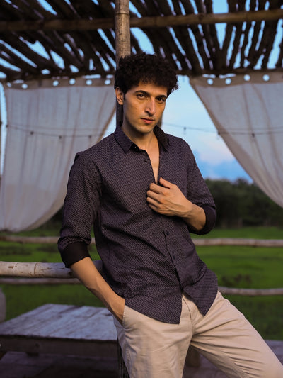 Steel Grey Weave Geometric Printed Casual Shirt
