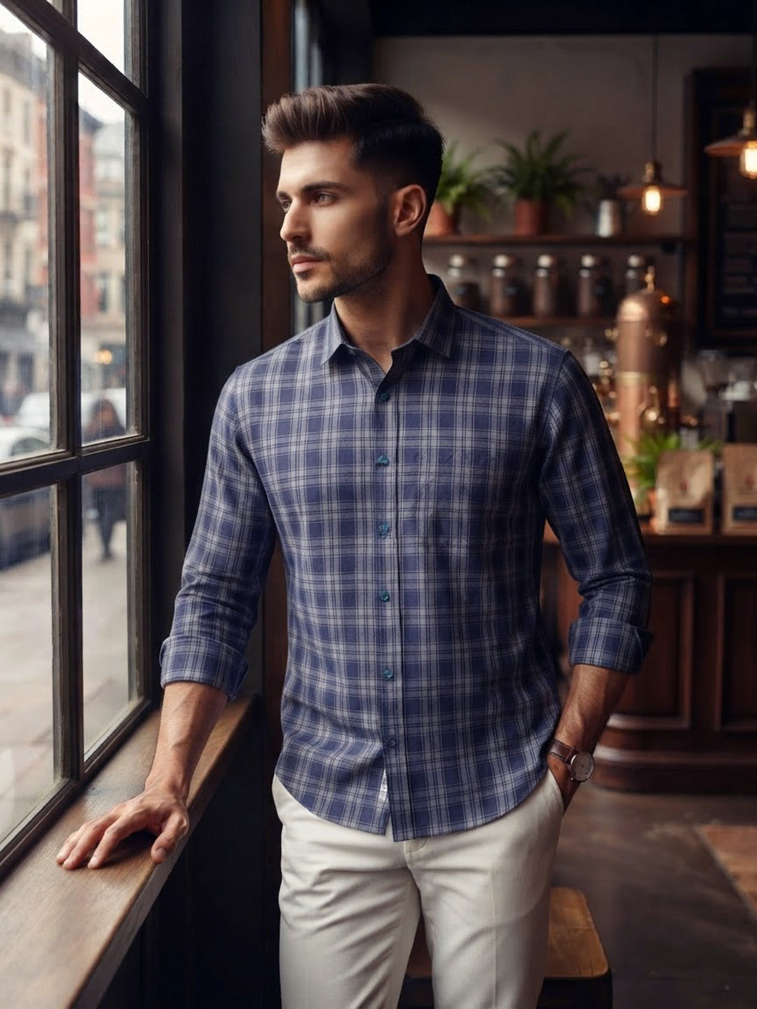 Deep Indigo Blue Checked Casual Shirt