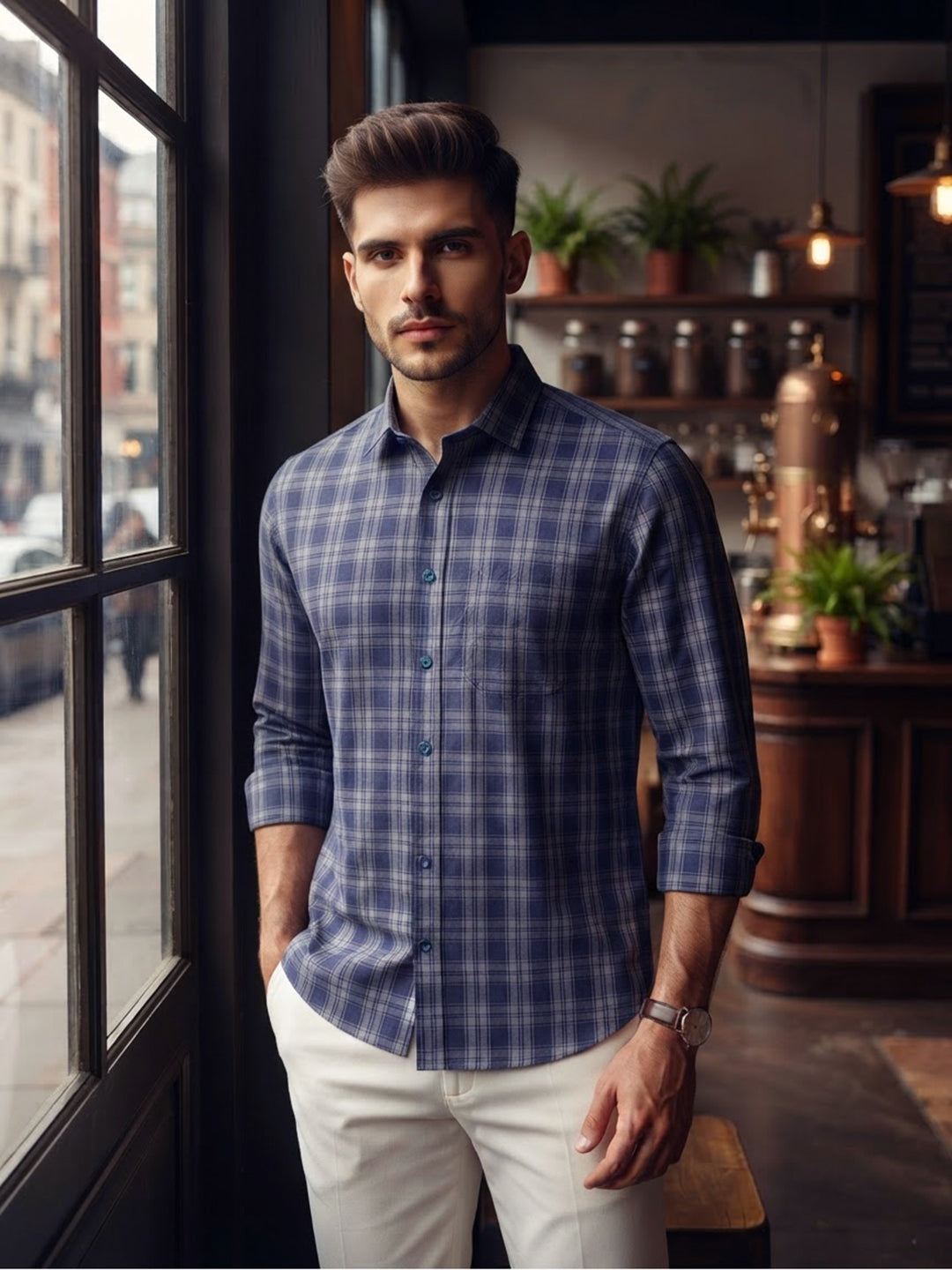 Deep Indigo Blue Checked Casual Shirt