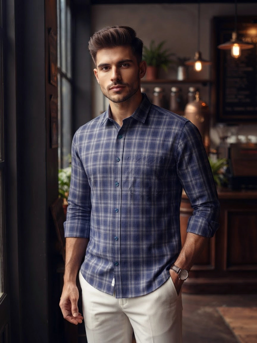 Deep Indigo Blue Checked Casual Shirt