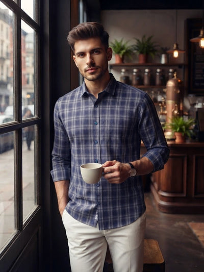 Deep Indigo Blue Checked Casual Shirt