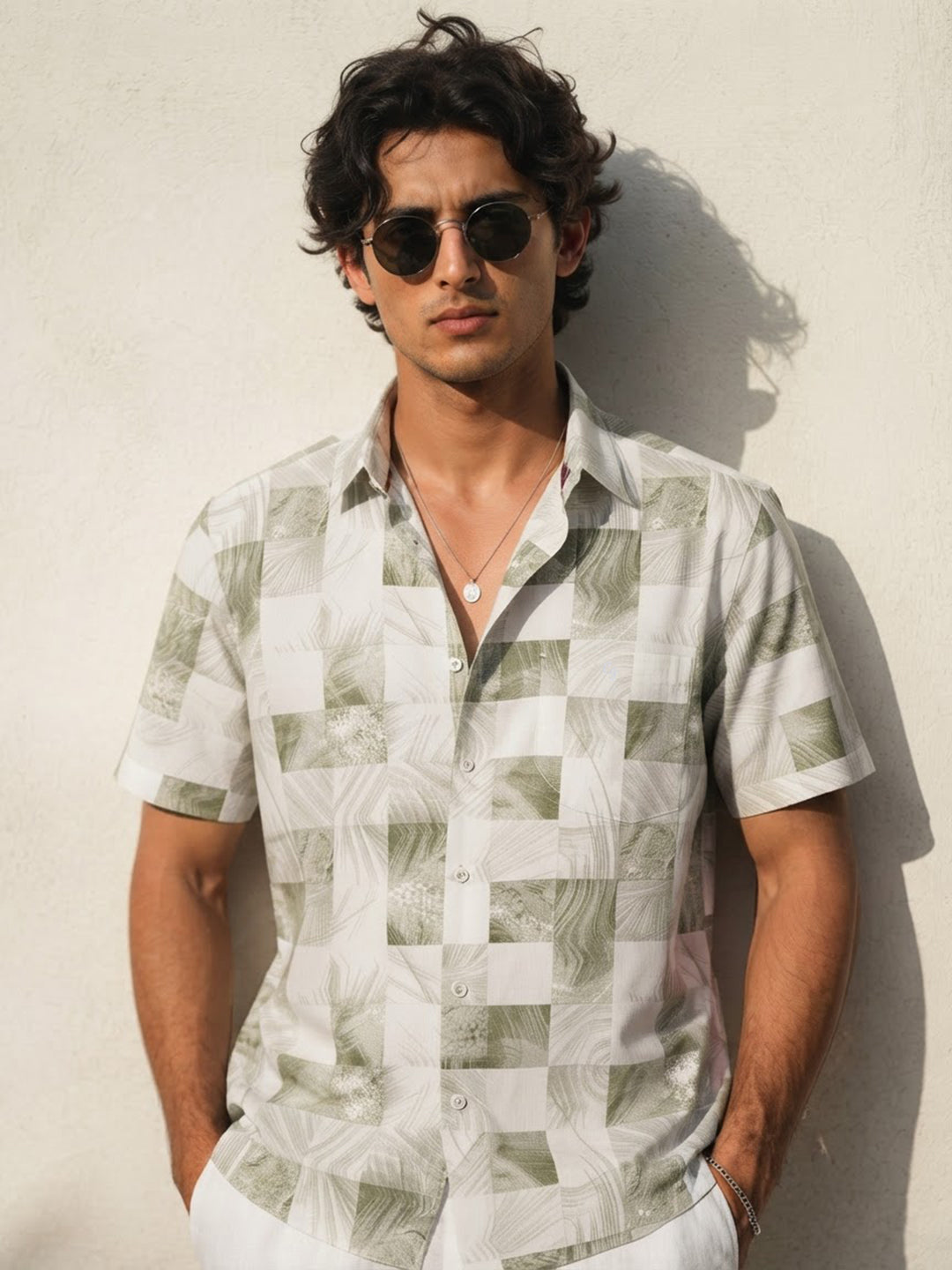 Ivory and Sage Green Printed Casual Shirt
