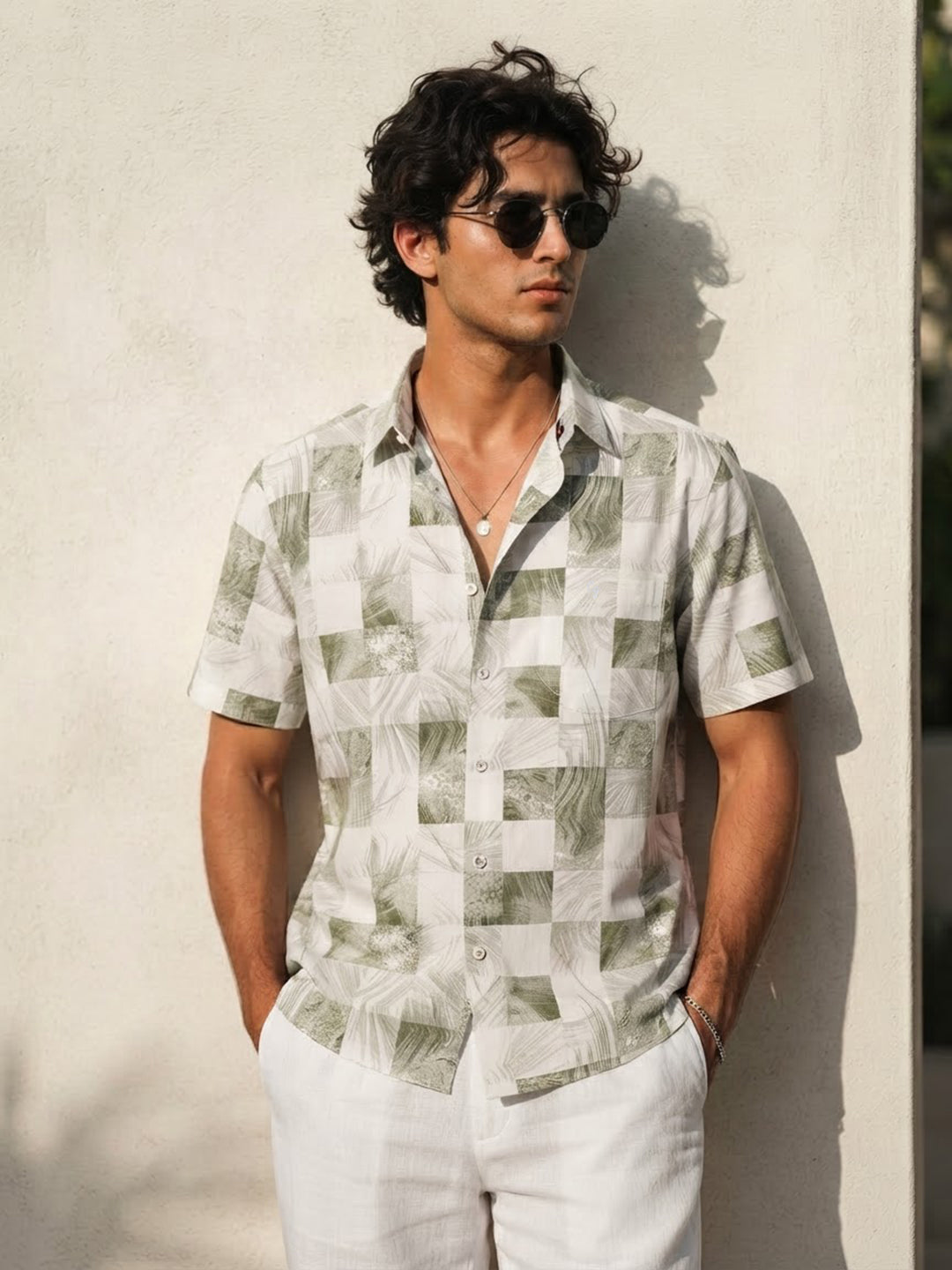 Ivory and Sage Green Printed Casual Shirt