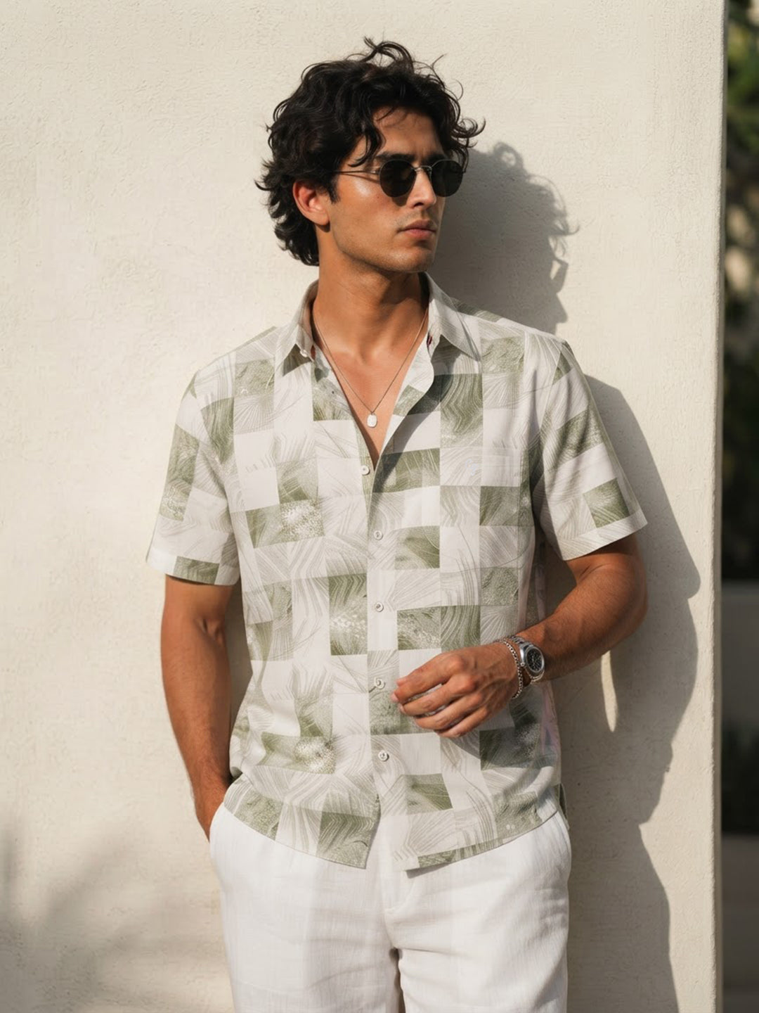 Ivory and Sage Green Printed Casual Shirt