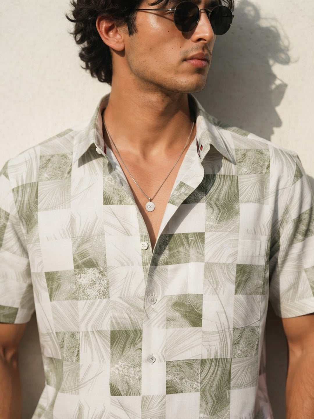 Ivory and Sage Green Printed Casual Shirt