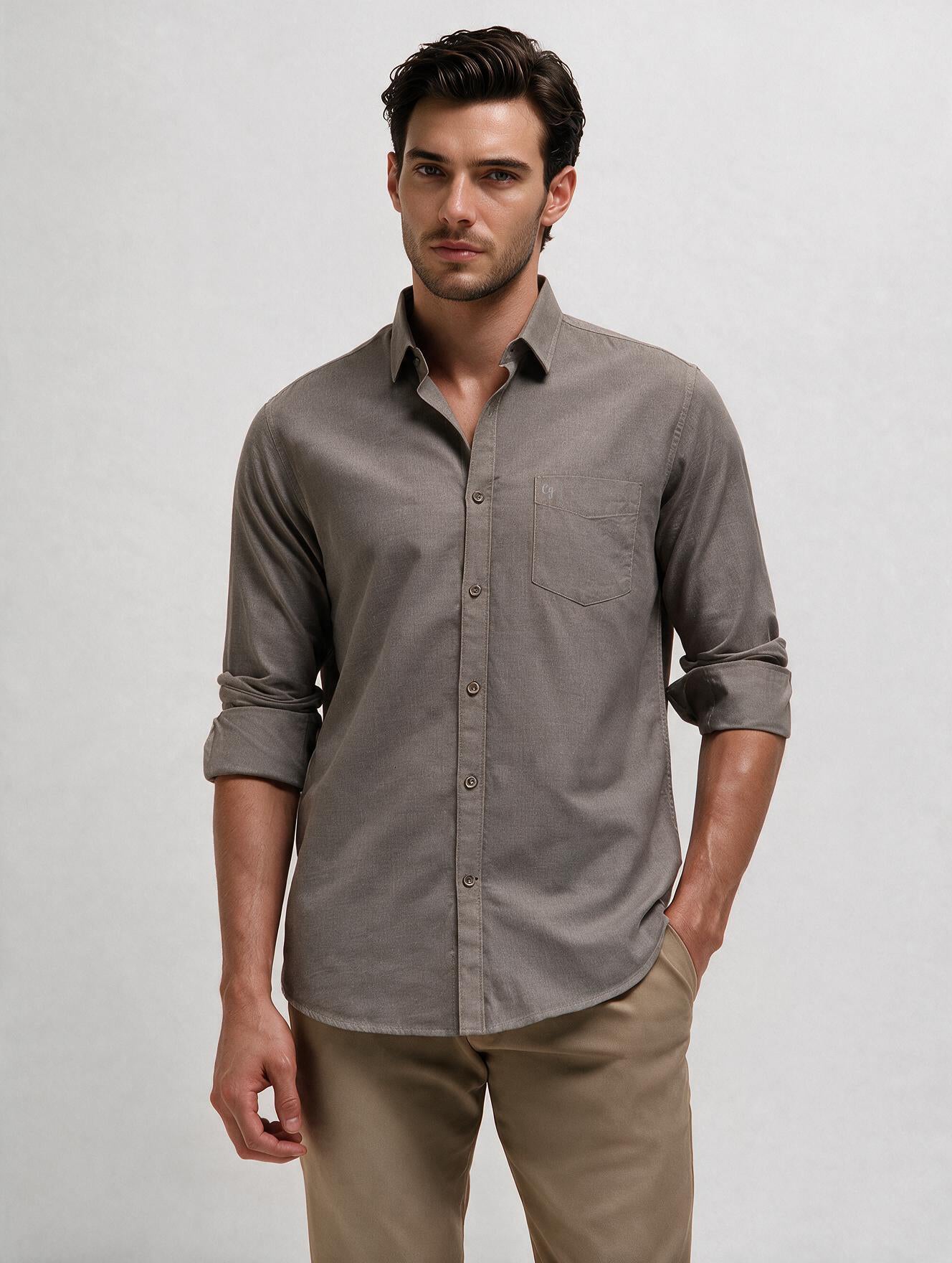 Stone Brown Plain Casual Shirt