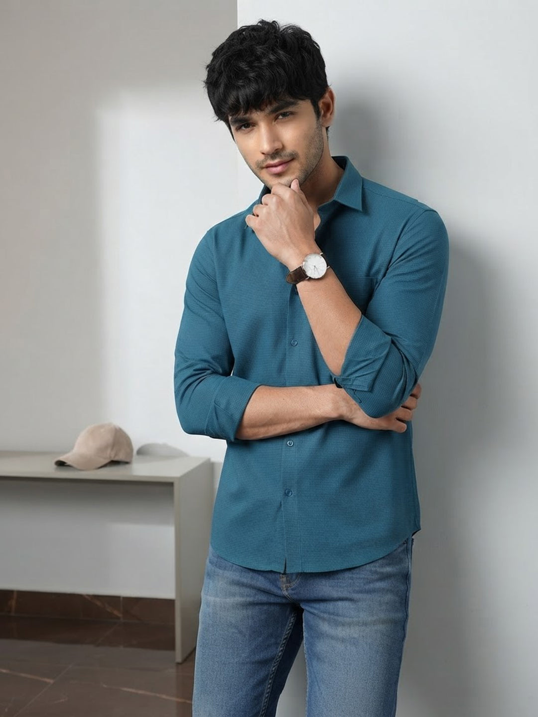 Deep Teal Blue Cube Checked Casual Shirt